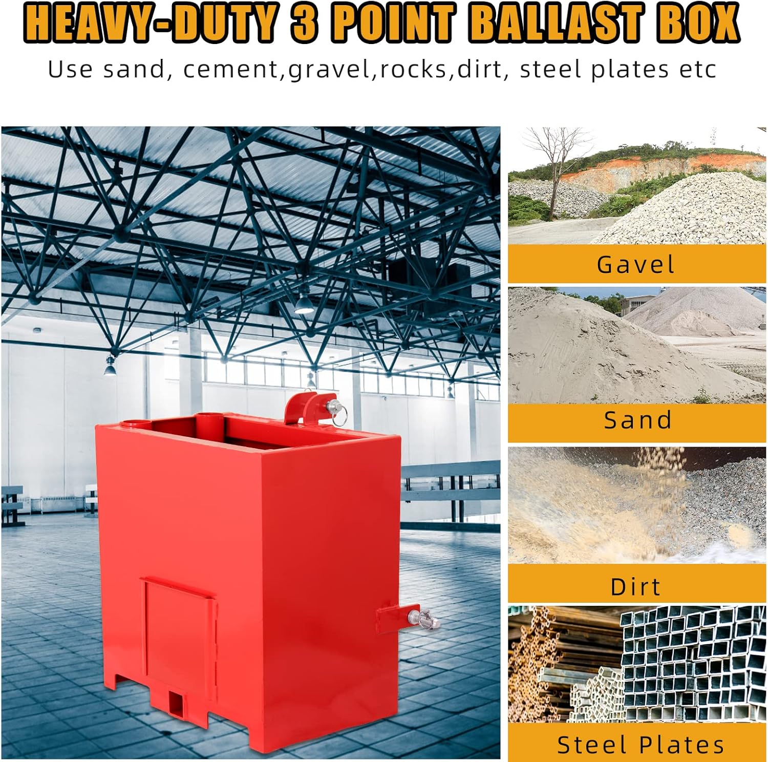 Caja de balasto de 3 puntos, capacidad de 800 libras, se adapta al accesorio de tractor de categoría 1, receptor de enganche estándar de 2 pulgadas