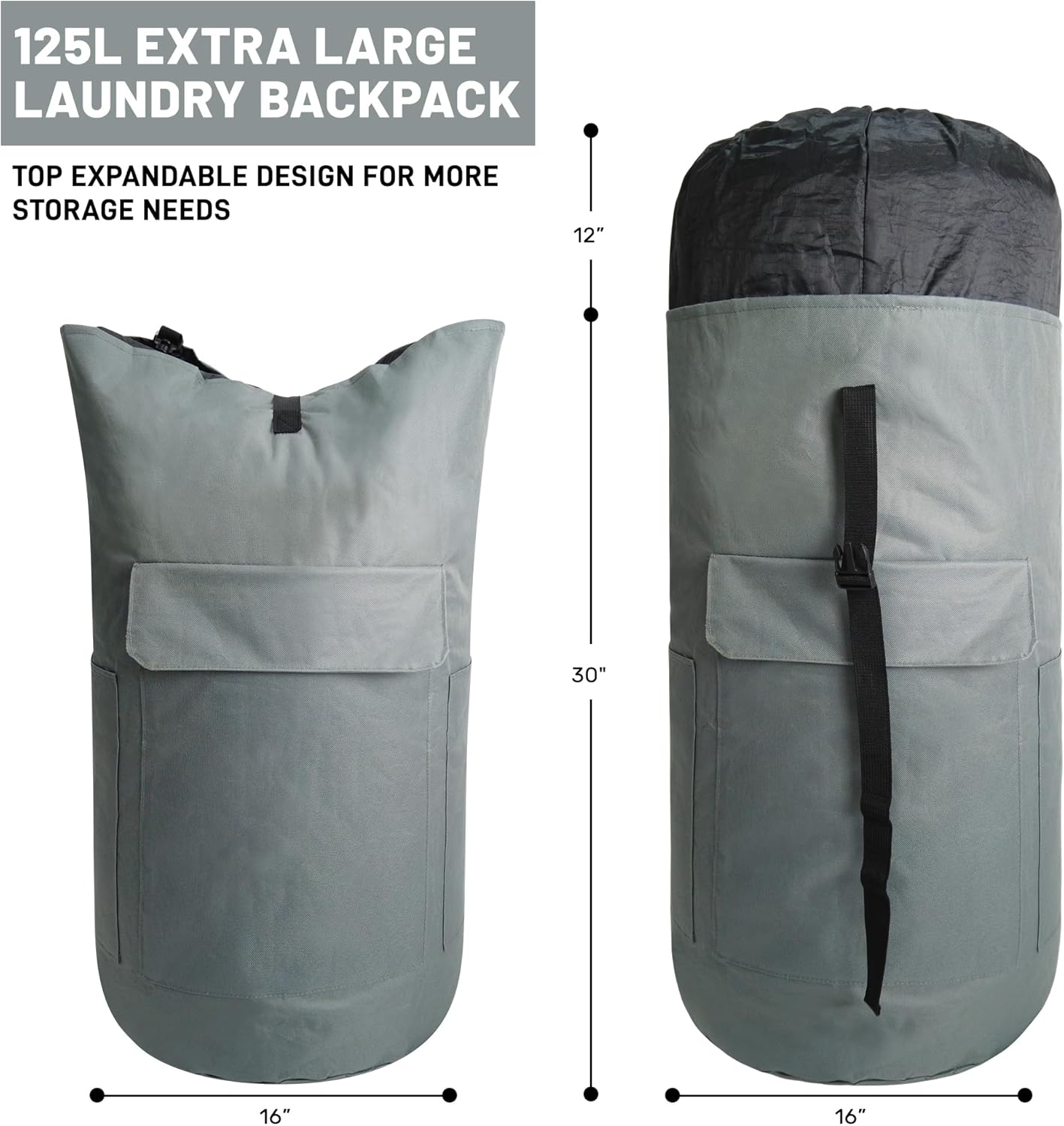 Caroeas Mochila de lavandería de 125 litros, bolsas de lavandería extra grandes con correas para el hombro, mochila duradera con 4 bolsillos, bolsa
