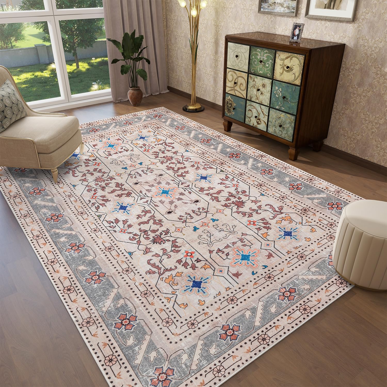 YIHOUSE Alfombras lavables, de 8 x 10 pies, suaves, antideslizantes, vintage, para sala de estar, alfombra de pelo corto, oriental con diseño