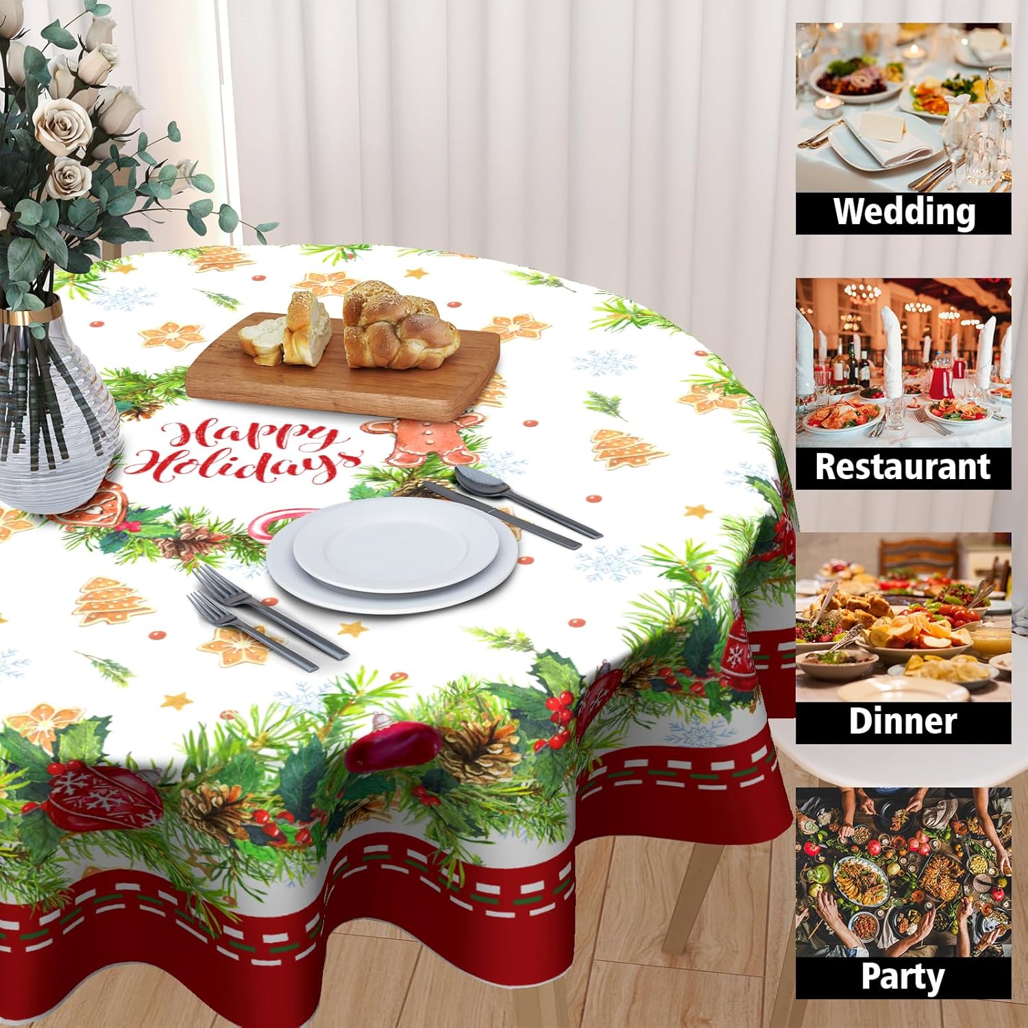 Giwawa Mantel redondo de bola de Navidad de 60 pulgadas, impermeable, cubierta de mesa para el hogar, restaurante, cocina, picnic, decoración de