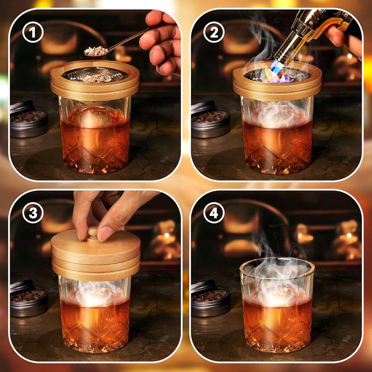 Yiiwinwy Kit de ahumador de cóctel con 8 chips de madera, kit de ahumador de whiskybebidabourbon, kit de cóctel a la antigua, aniversario de