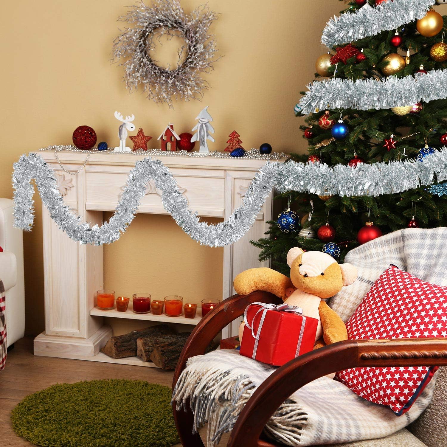 WILLBOND Guirnalda de oropel de Navidad de 50 pies en 1 unidad, guirnalda metálica de oropel torcido, decoración de árbol de Navidad, cumpleaños,
