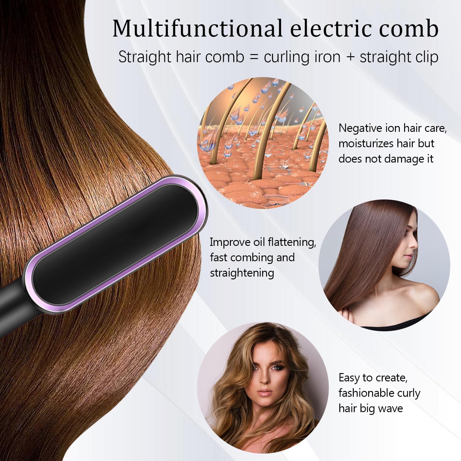 Cepillo alisador de cabello con 5 temperaturas, peine de iones negativos, cepillo alisador y rizador de cabello 2 en 1, peine alisador eléctrico