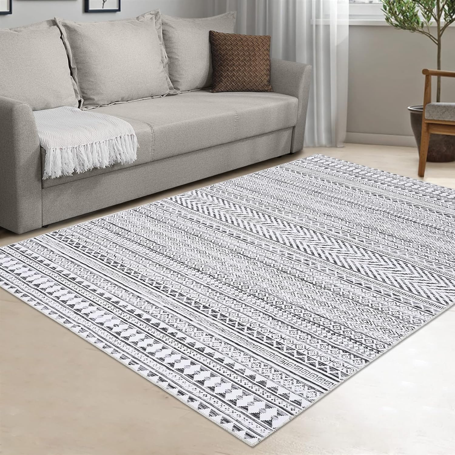 RUGSREAL Alfombra bohemia lavable a máquina para sala de estar, alfombra de pelo bajo, antideslizante, resistente a las manchas, para dormitorio,