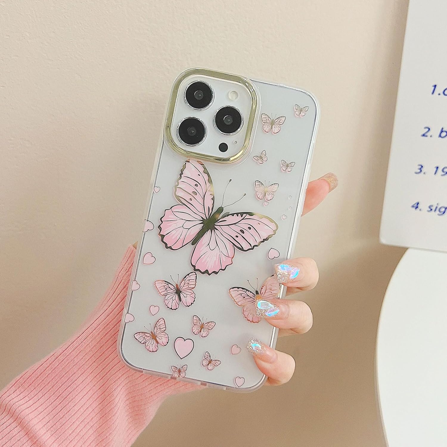 Funda transparente con purpurina para iPhone 15 Pro Max para mujeres y niñas, mariposas doradas, bonito patrón en forma de corazón, funda protectora