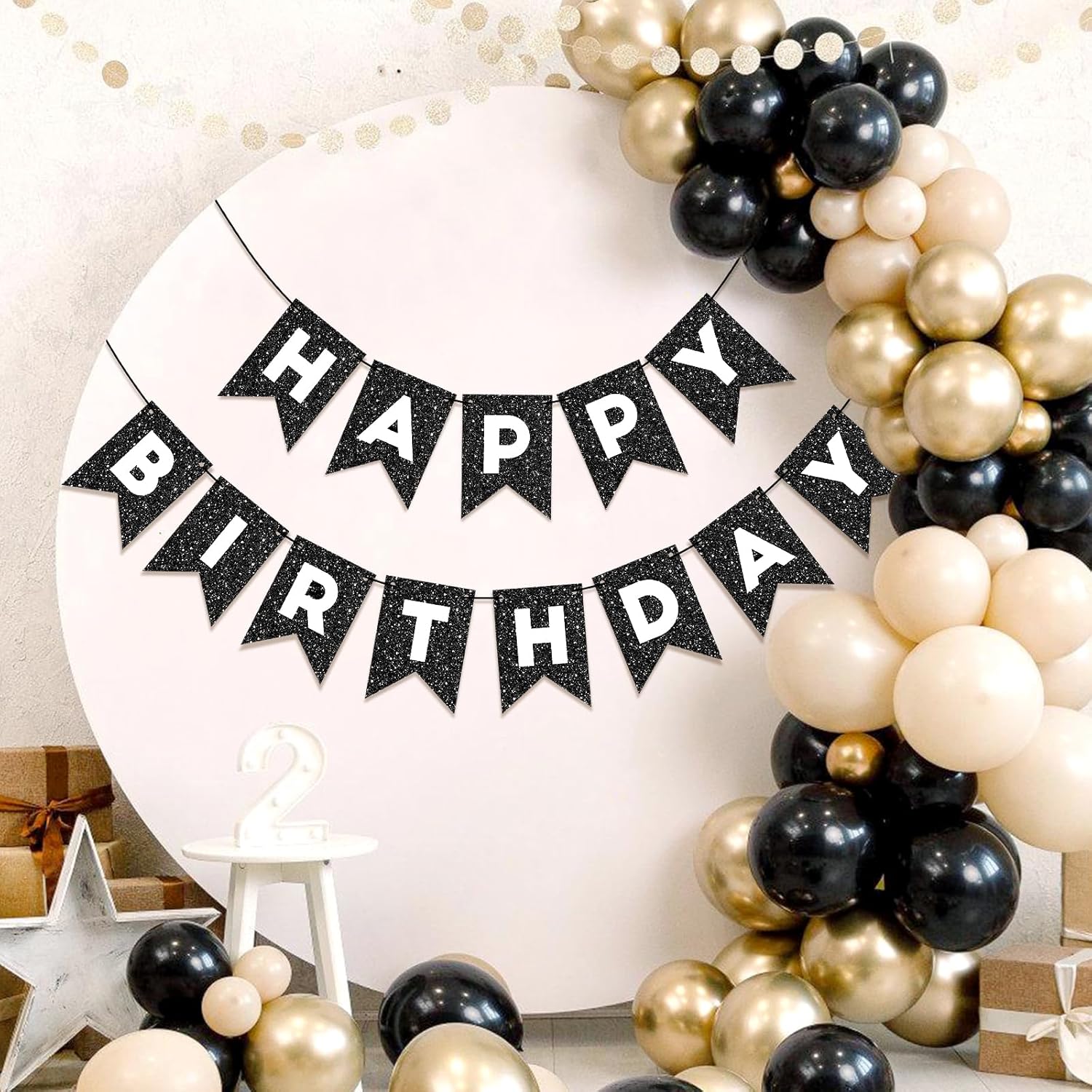 Cartel de feliz cumpleaños negro para telón de fondo con purpurina negra para decoración de feliz cumpleaños para hombres y mujeres, fiesta de