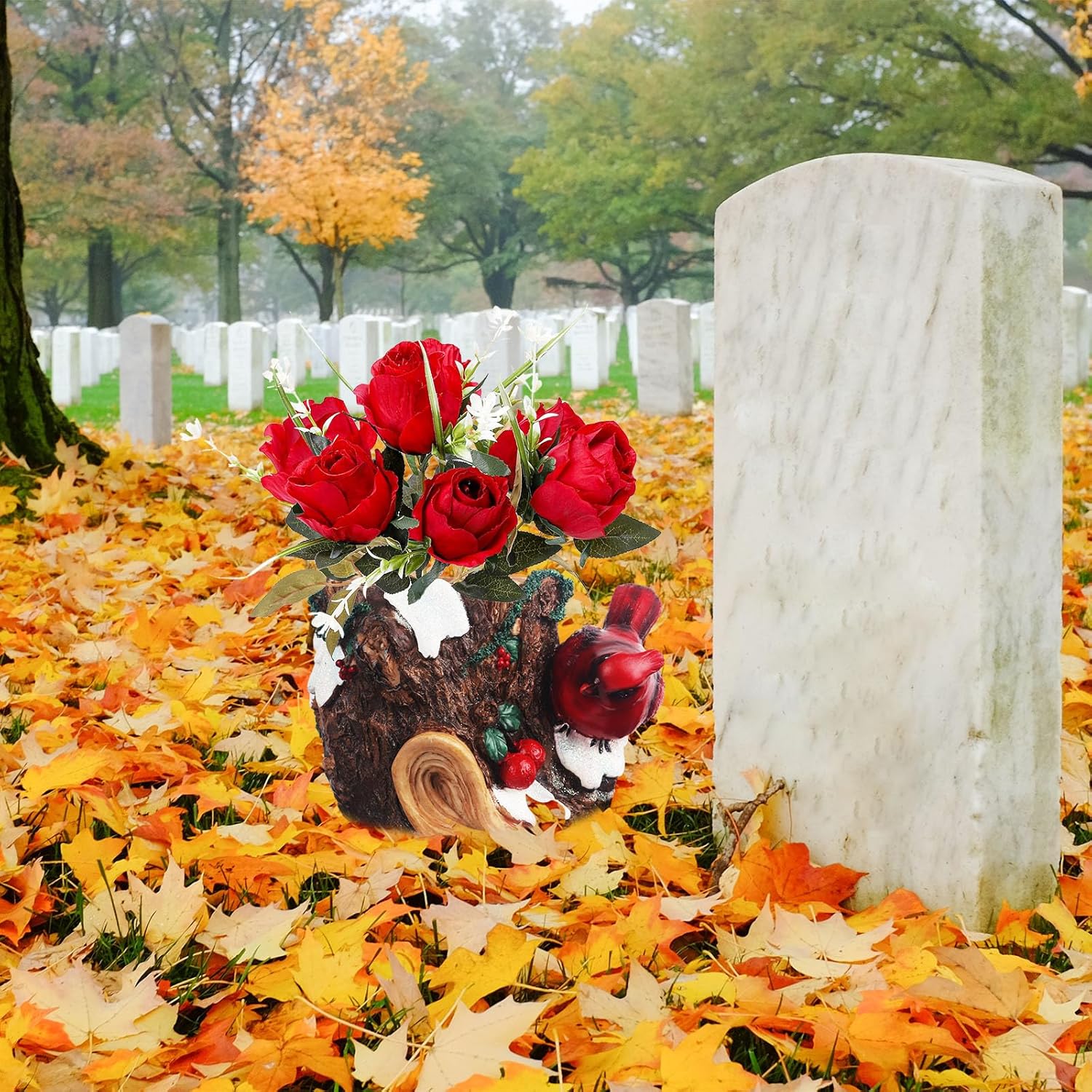 bocola Decoraciones de cementerio para tumba, jarrón de resina con rosa artificial roja de seda para decoración de tumbas, estaca de jardín