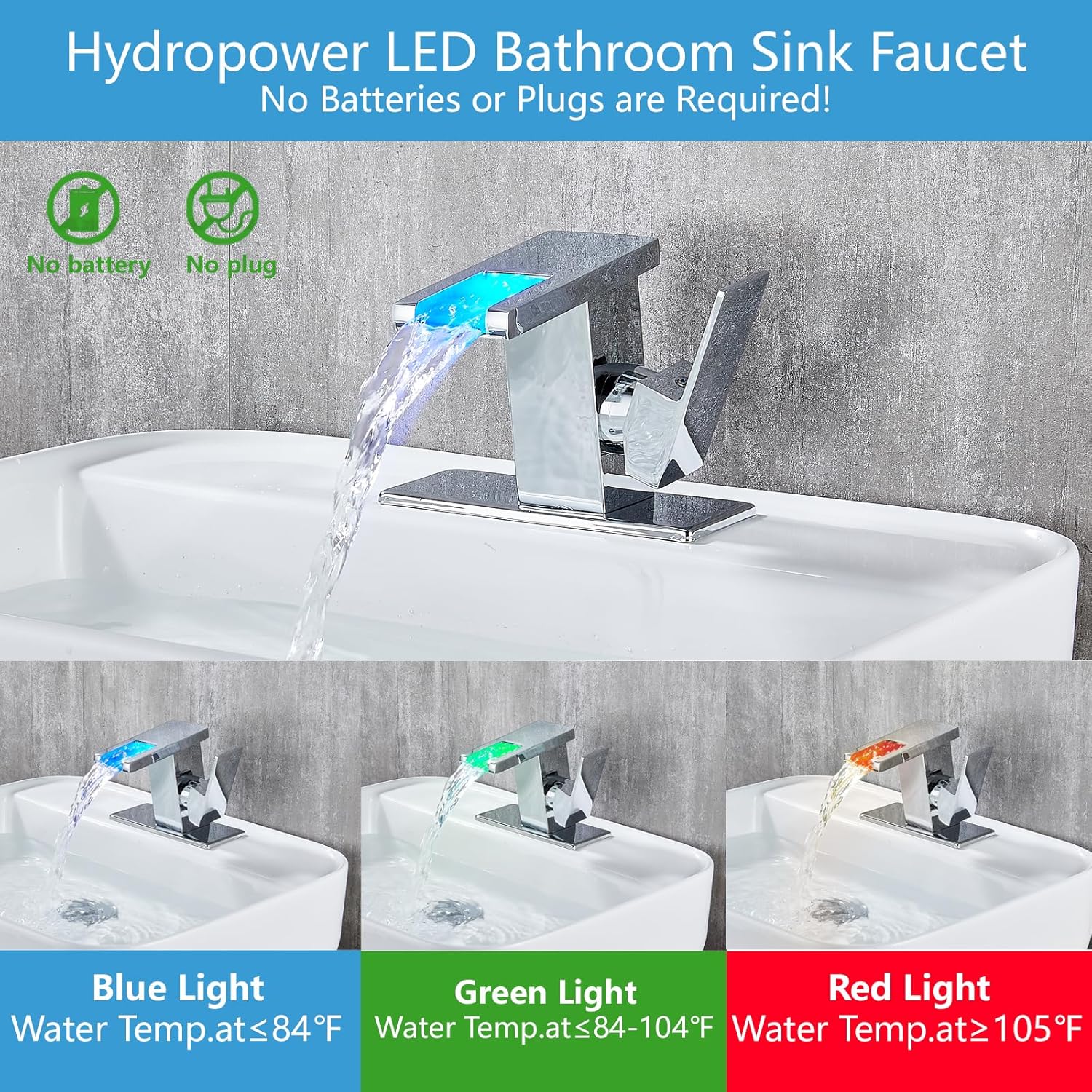Grifo de lavabo de baño con luz LED para 1 agujero, cascada cromada, de una sola manija, grifos de tocador para lavabos con drenaje desplegable de