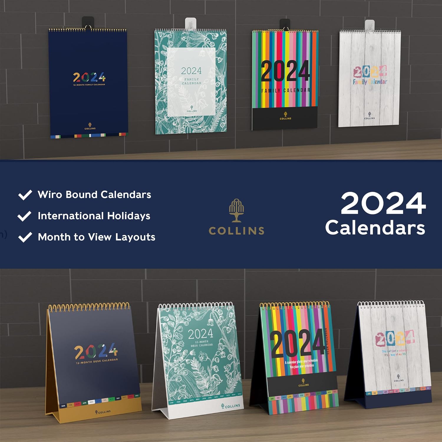Collins Essential Calendario de escritorio 2024  Pequeño y lindo calendario mensual 2024  Planificador de escritorio de 12 meses encuadernado con