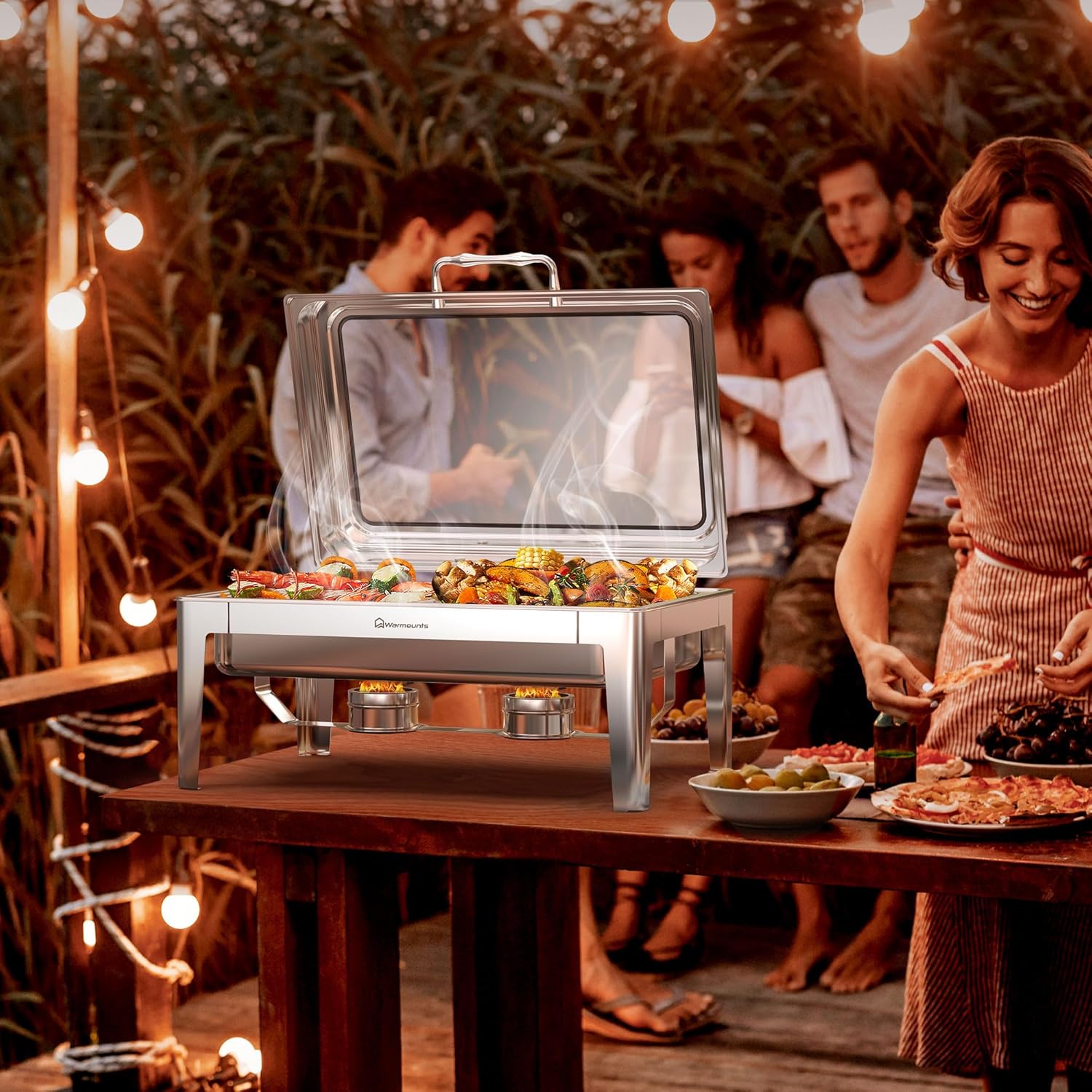 Juego de platos de bufé de 9.5 cuartos de galón, platos rectangulares para bufé con tapa de vidrio, utensilios de servir, chafers de acero