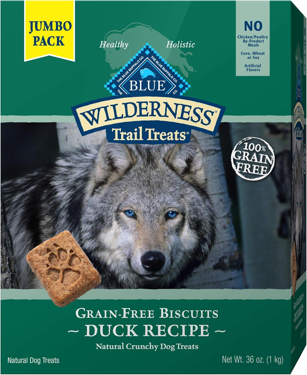 Blue Buffalo Wilderness Trail Treats – Galletas crujientes para perros con alto contenido en proteínas sin granos, receta de pato, caja de 36 onzas