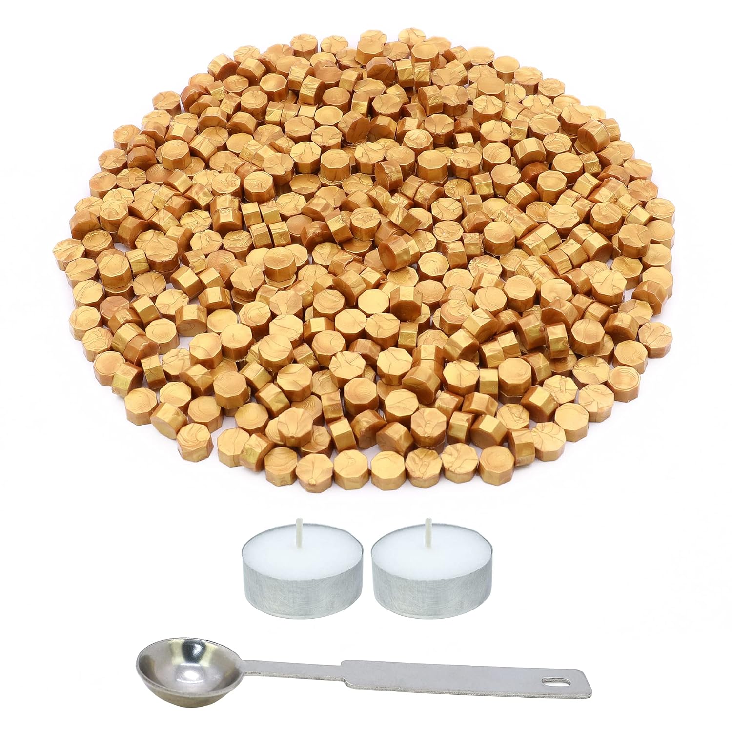 SWANGSA Kit de 360 cuentas de cera de sellado dorado con 2 velas de té y 1 cuchara de fusión de cera para sello de cera (dorado)