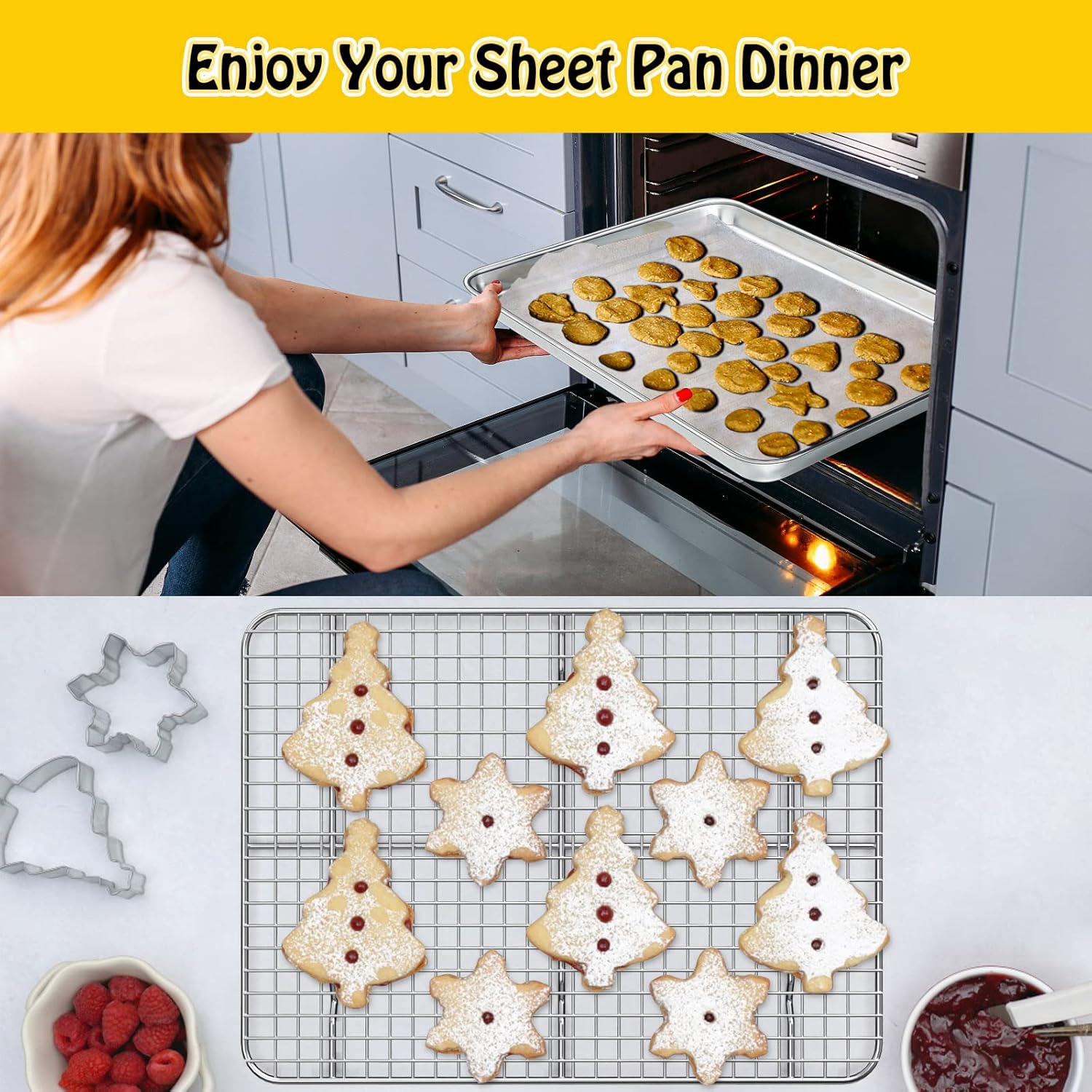 Juego de bandeja para hornear con estante de enfriamiento (2 bandejas para hornear + 2 estantes de alambre), hoja de galletas de acero inoxidable 14