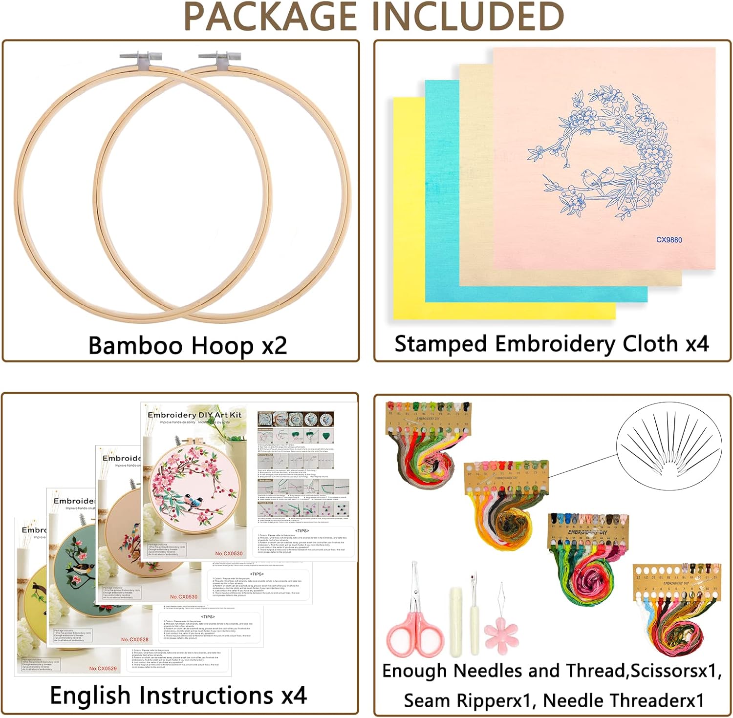 Picoey Kit de bordado de pájaros para principiantes con patrón e instrucciones, paquete de 4 kits de punto de cruz, 2 aros de bordado de madera,