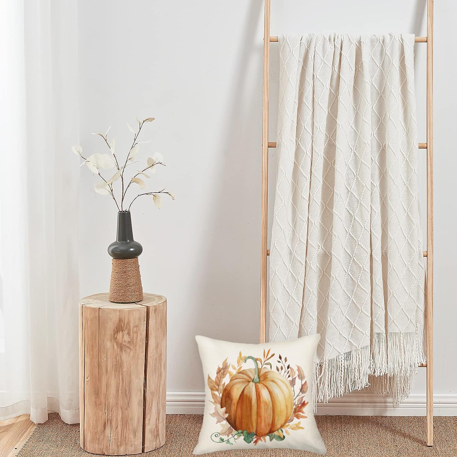Funda de almohada de otoño de 18 x 18 pulgadas, calabaza naranja, acuarela, hojas de arce, corona, cosecha, decoración de casa de campo para el