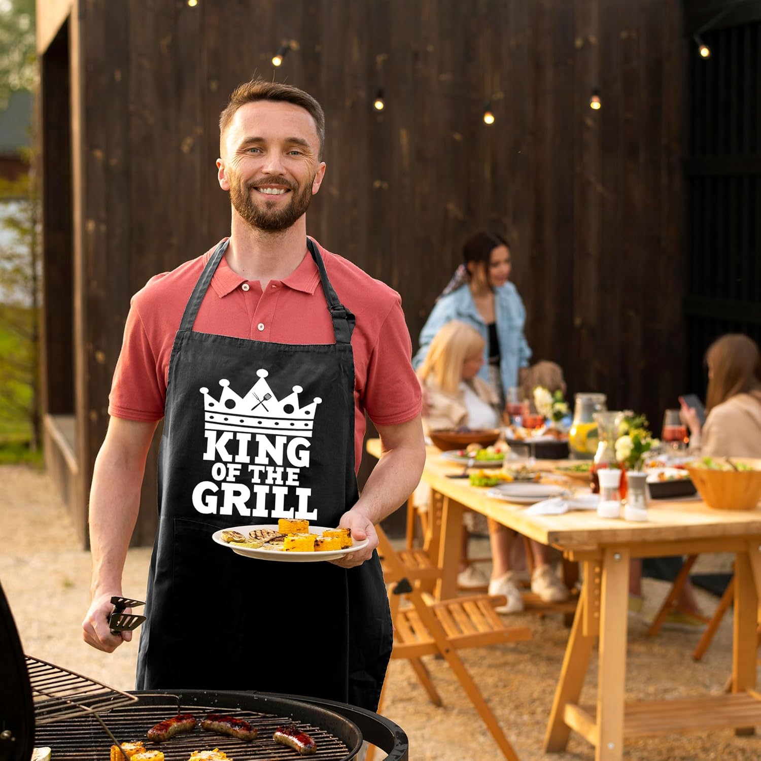 Delantales personalizados para barbacoa para hombres, divertido delantal de cocina para barbacoa en algodón negro, ajustable con 2 bolsillos, tamaño