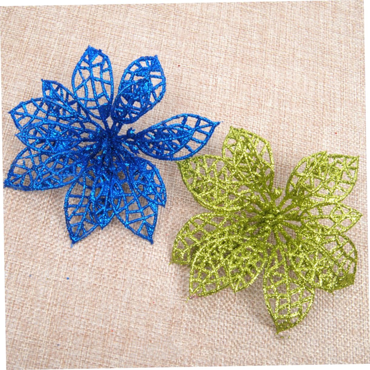 Amosfun 10pcs Guirnaldas para Hollow Christmas Flowers Artificial Flowers Green Poinsettia Blue Dusting Sticky Powder Wreath Hollow Flower Christmas