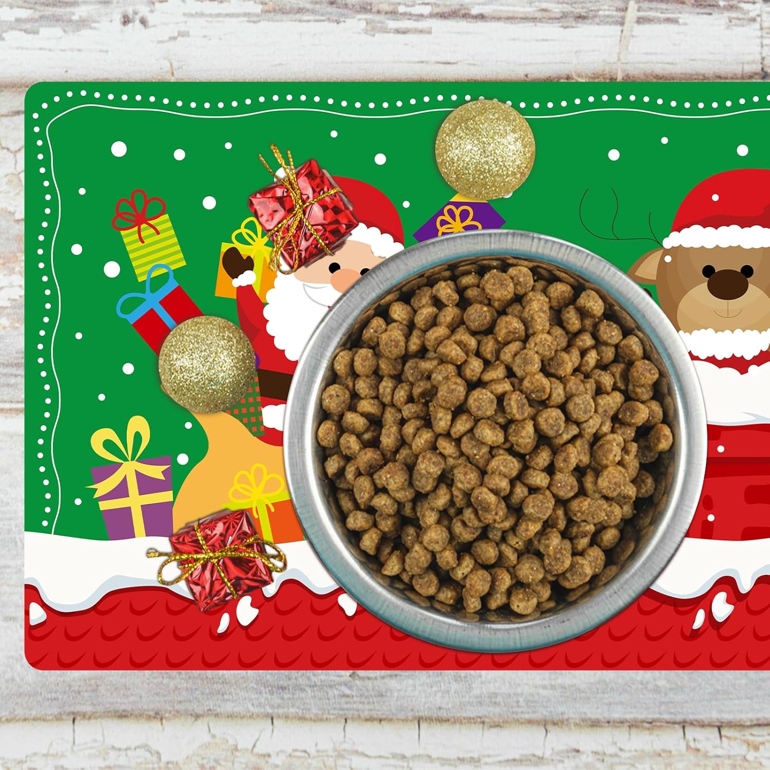 2 tapetes navideños para comida de mascotas, impermeables, antideslizantes, para comida para perros, tapete grande para comedero de perros, muñeco