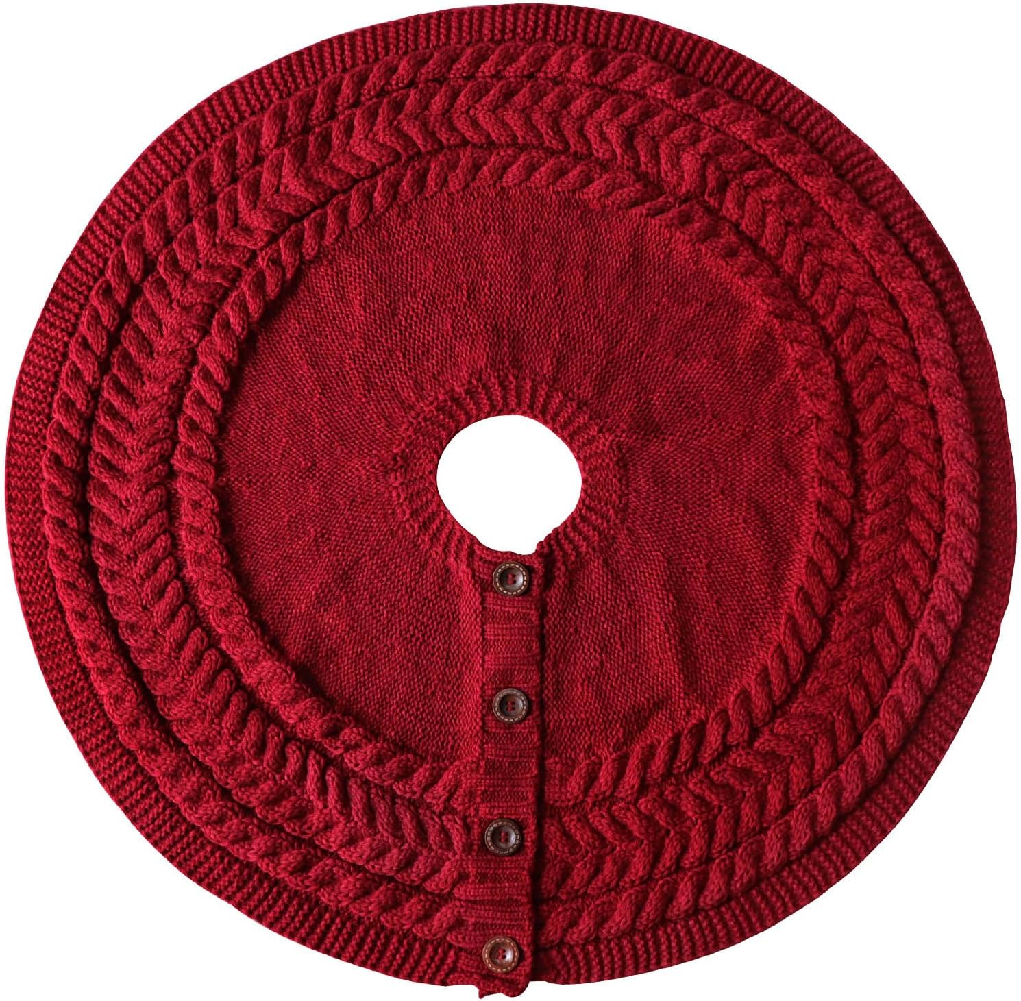 Falda de árbol de Navidad de 36 pulgadas anillos anuales de punto trenzado grueso, falda redonda de árbol rojo vino, decoraciones rústicas para