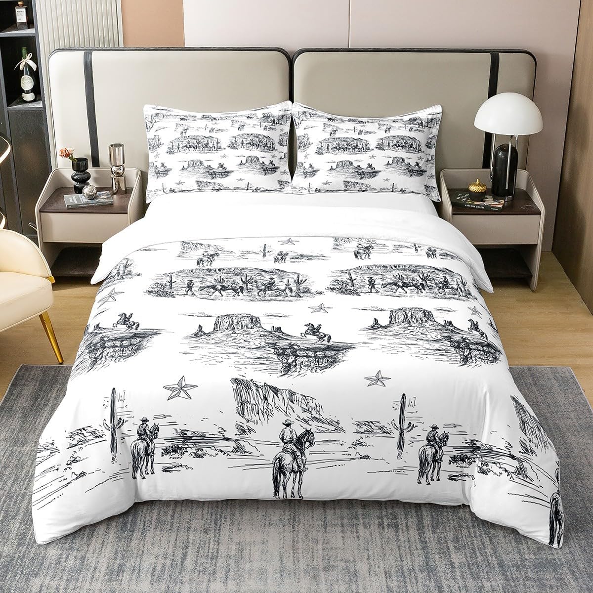 Funda de edredón vintage occidental 100% algodón, juego de ropa de cama de vaquero, dibujado a mano, funda de edredón de cactus de montaña del