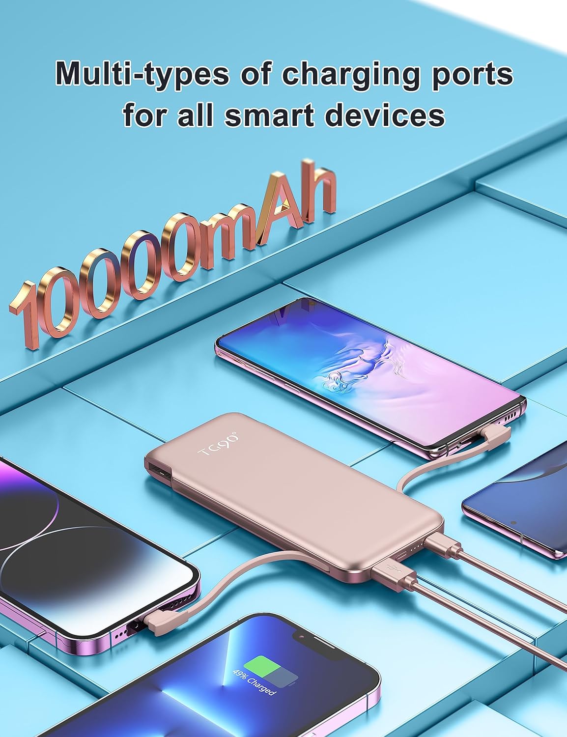 TG90 Paquete de 2 baterías externas con cables integrados y enchufe de pared, cargador portátil ultra delgado de 10000 mAh para teléfonos celulares