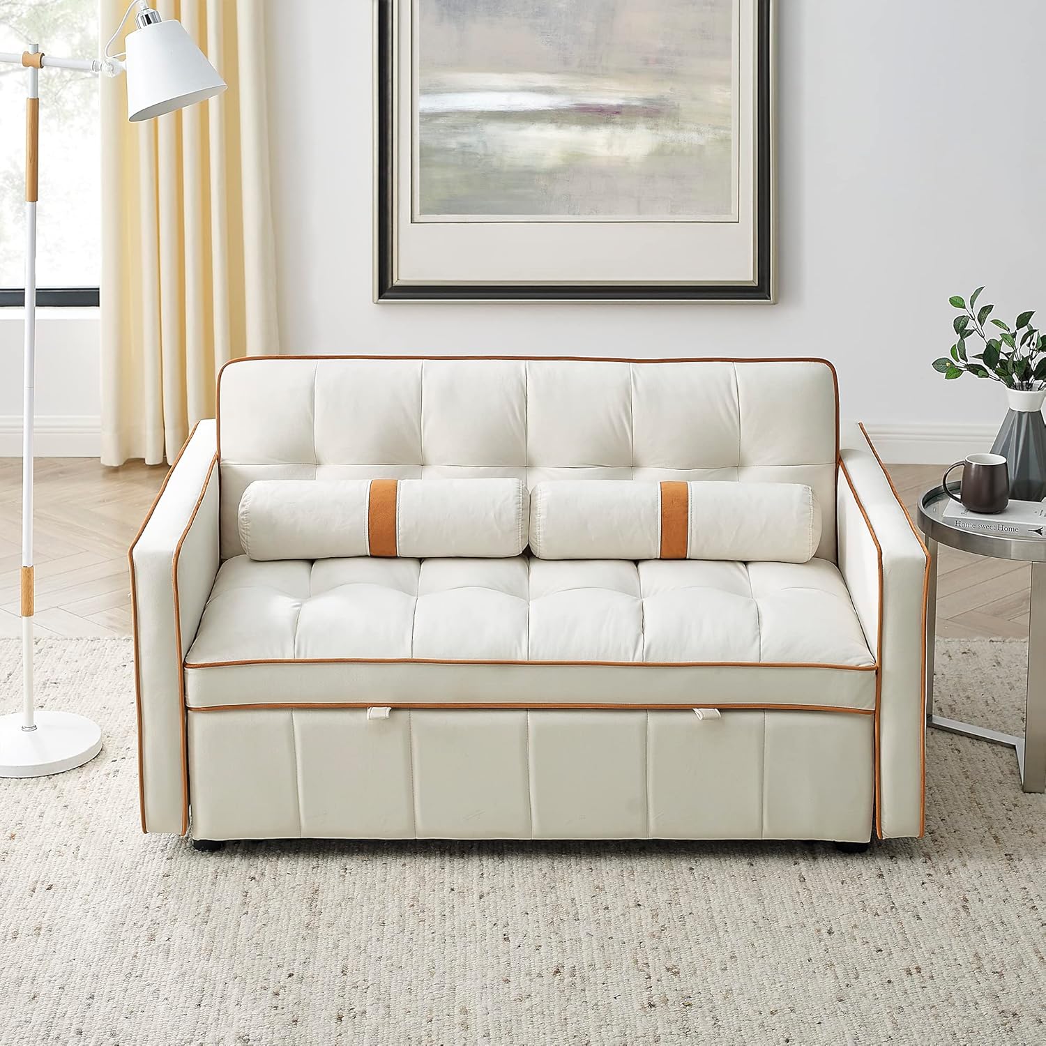 Moderno sofá cama extraíble de 55.5 pulgadas, sofá biplaza de 2 plazas con bolsillos laterales, respaldo ajustable y almohadas lumbares, adecuado