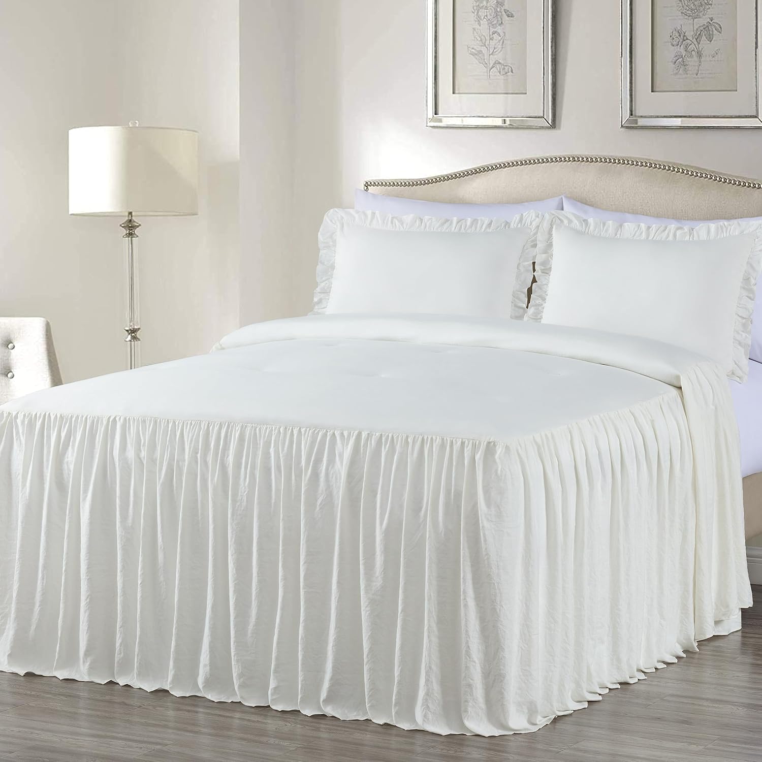 Chezmoi Collection Sinclair – Juego de colcha de 3 piezas con falda con volantes, estilo campestre francés chic, matrimonial, marfil