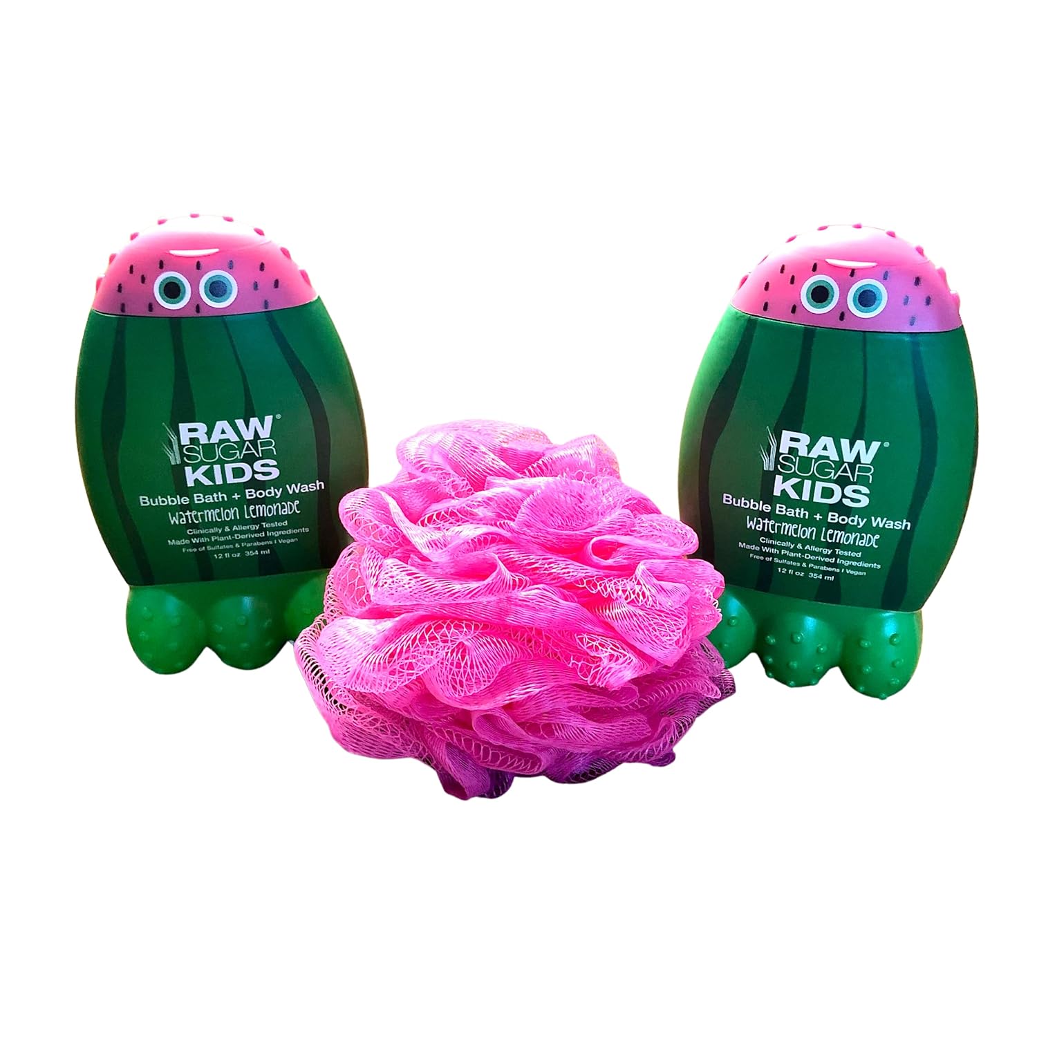 RAW Sugar Kids Bubble Bath and Body Wash Bundle 2 limonada de sandía (12 onzas cada una) + esponja rosada