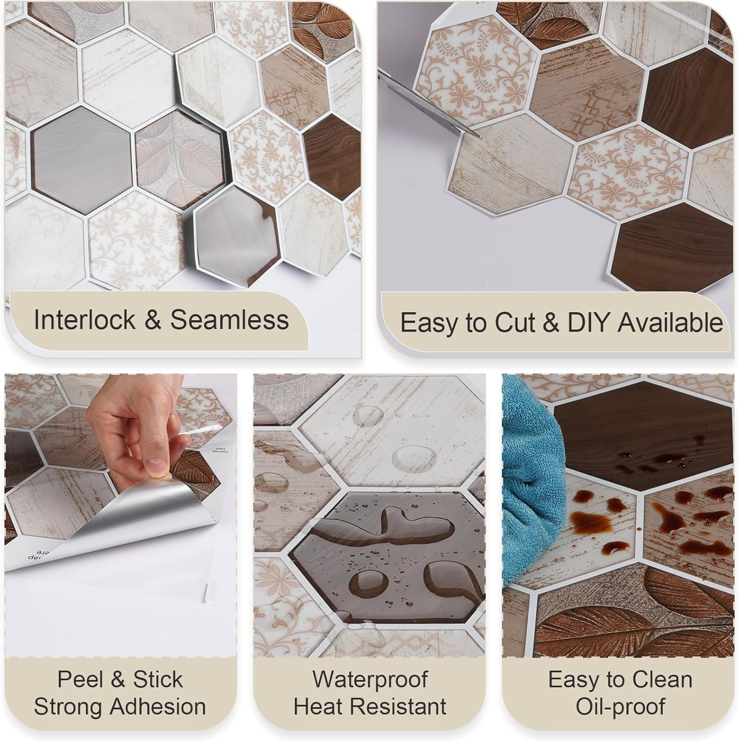 VaryStyle 18 hojas de azulejos hexagonales para salpicaduras de cocina, 12 x 12 pulgadas, azulejos de pared 3D bohemios florales 3D, removibles,