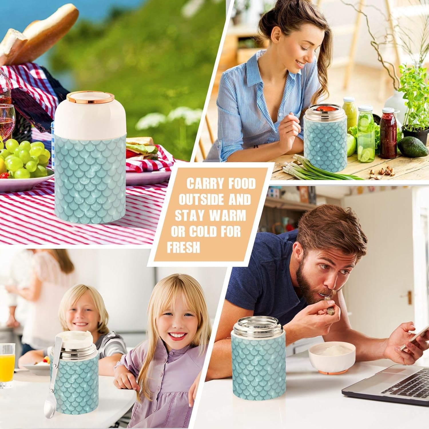 Shiny Mermaid Scales Green Kids Womens Lunch Insulated Jar with Spoon 17oz500ml Containers For Hot Food Stainless Steel Vacuum Vacuum Insulated