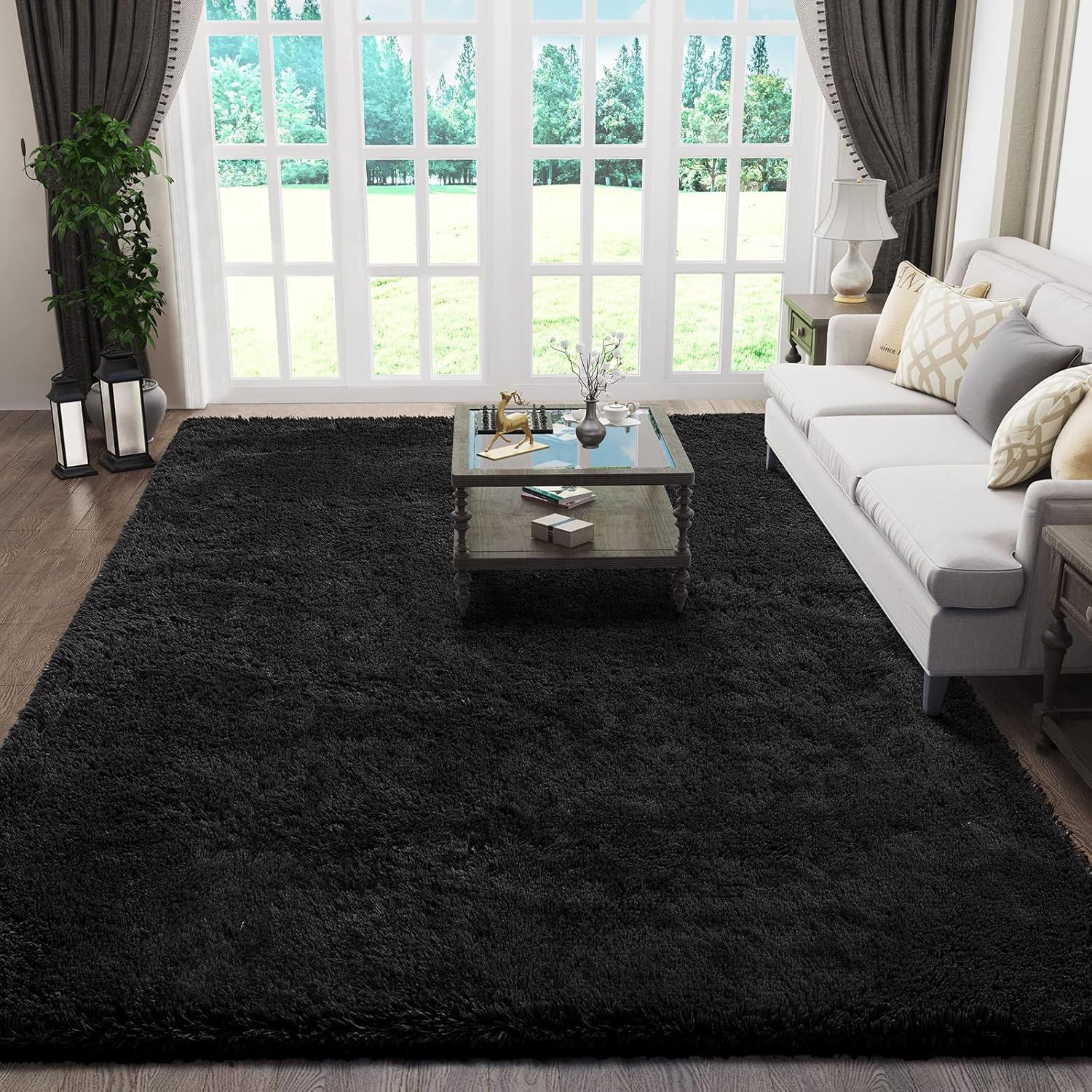 Ophanie Alfombra negra de 5 x 7 pies para sala de estar, alfombra mullida y peluda, alfombras para dormitorio, felpa suave, grande, decoración del