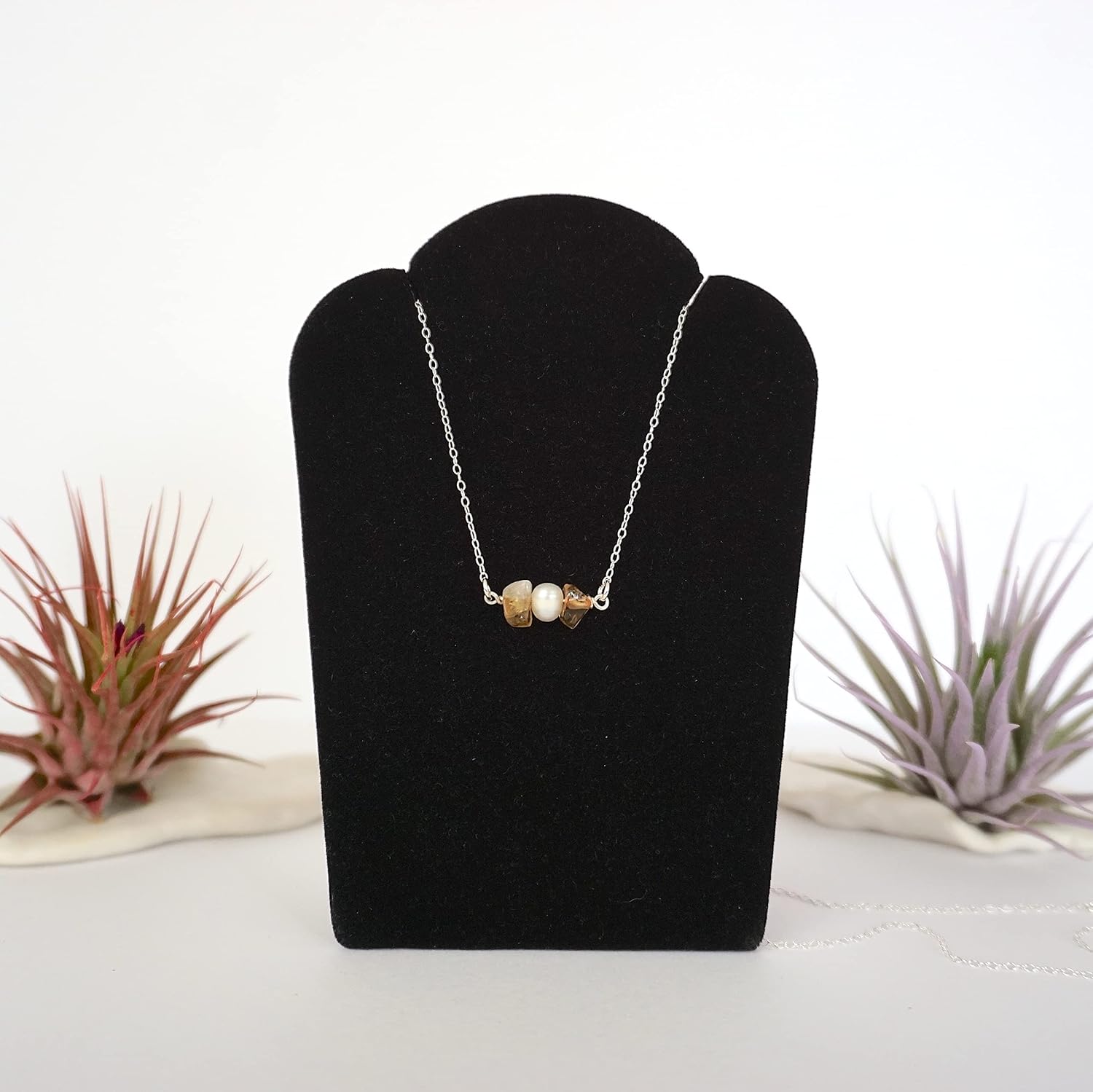 Designs by Nature Gems Handmade Womens Citrine & Pearl Charm Necklace 20-22 inch Adjustable Chain Sterling Silver, February & June Birthstone