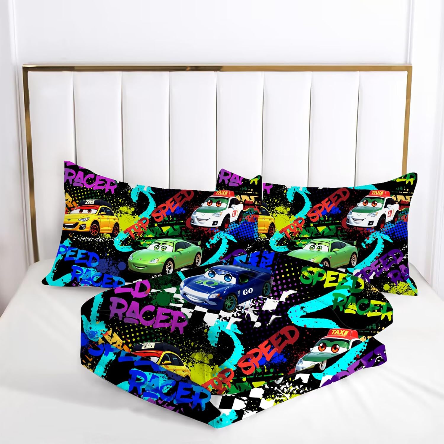 NMPICO Juego de ropa de cama individual para niños y niñas, juego de ropa de cama de coche de carreras coloridos juegos de ropa de cama de automóvil