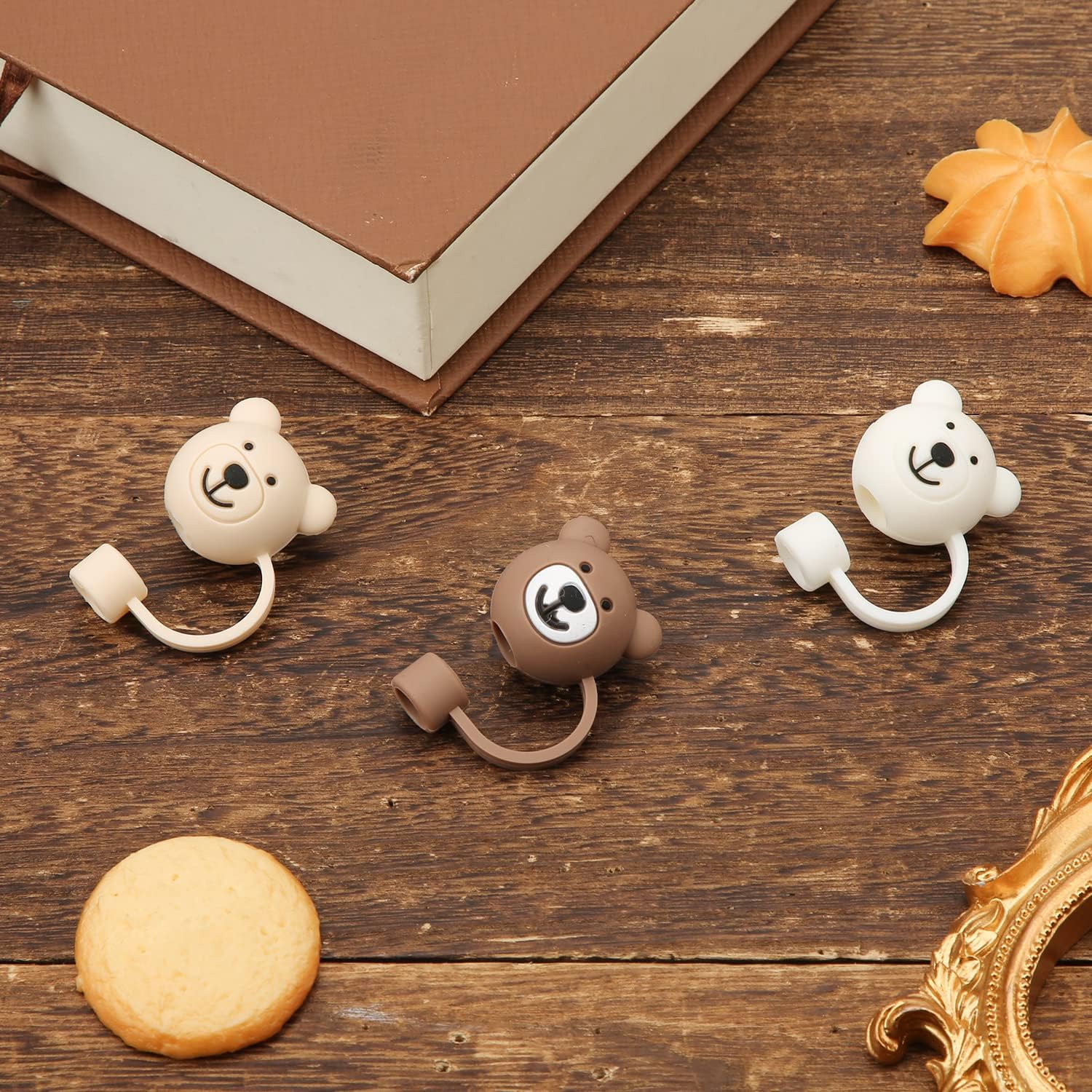 3 fundas para popote de oso, bonitas fundas de popote de silicona suave de dibujos animados, tapas protectoras sin BPA compatible con Stanley Straws