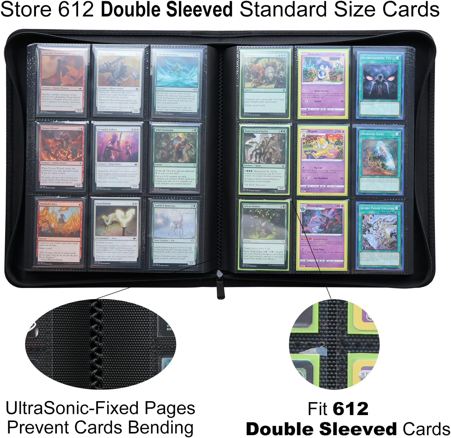 Rieton Carpeta de tarjetas con 9 bolsillos y más de 600 bolsillos para tarjetas con funda, bolsillos laterales grandes sin anillo, carpeta de álbum