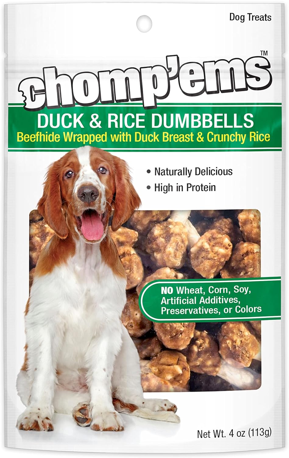 Chomp’ems – Mancuernas de pato y arroz, 4 onzas, golosinas saludables y ricas en proteínas para perros, masticables para perros