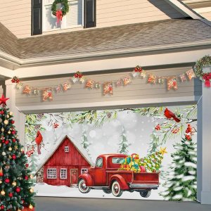 Cartel decorativo para puerta de garaje con 6 anillos de metal, diseño de árbol de Navidad rojo con texto en inglés “Merry Christmas”, cardenales de Cartel decorativo para puerta de garaje con 6 anillos de metal, diseño de árbol de Navidad rojo con texto en inglés “Merry Christmas”, cardenales de