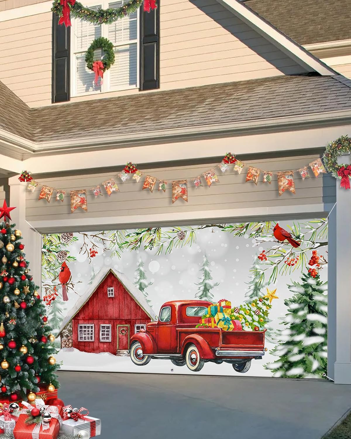 Cartel decorativo para puerta de garaje con 6 anillos de metal, diseño de árbol de Navidad rojo con texto en inglés “Merry Christmas”, cardenales de