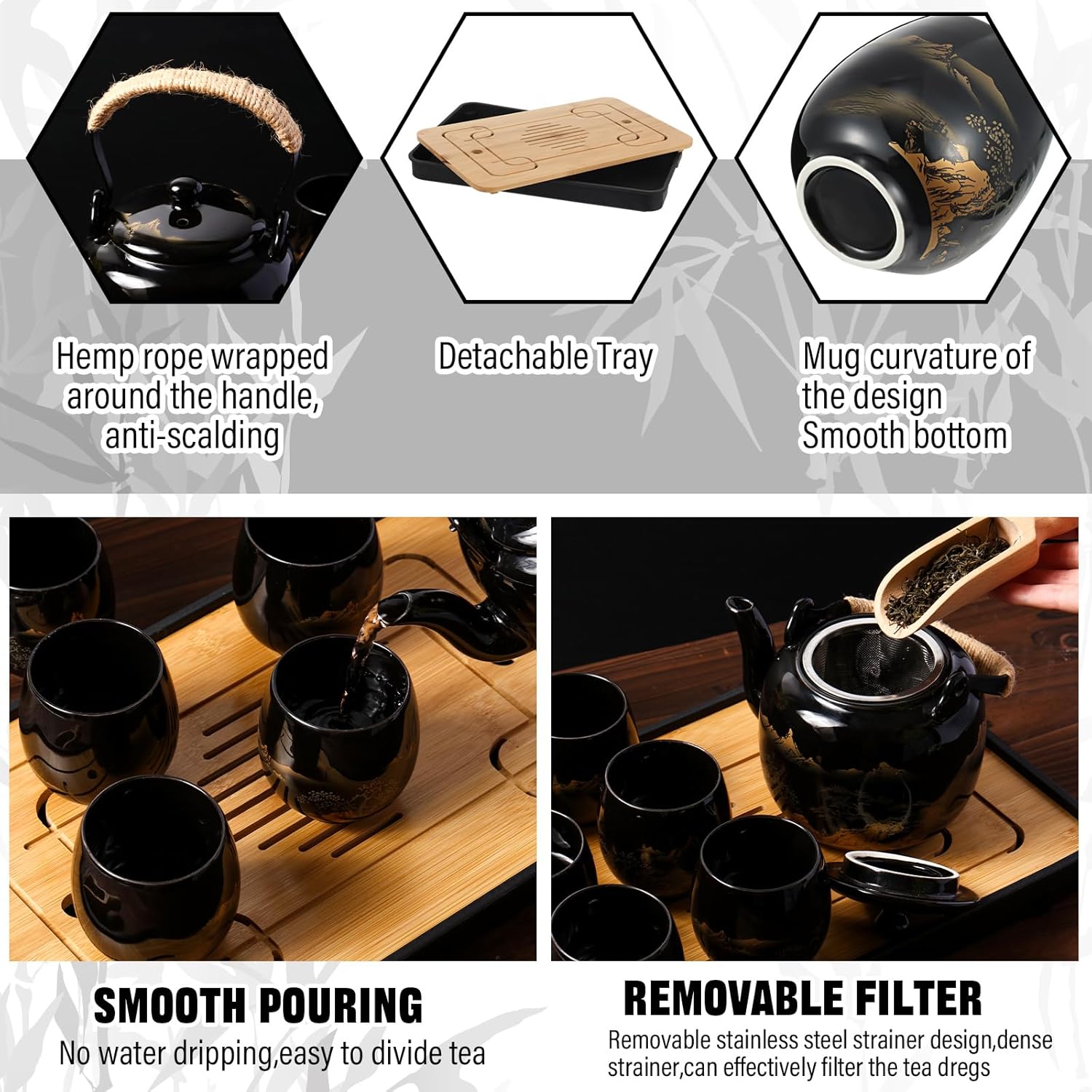 Juego de té japonés en caja de regalo, juego de té asiático, tetera mágica con 1 tetera, 6 tazas de té, 1 bandeja de té, 1 infusor de acero