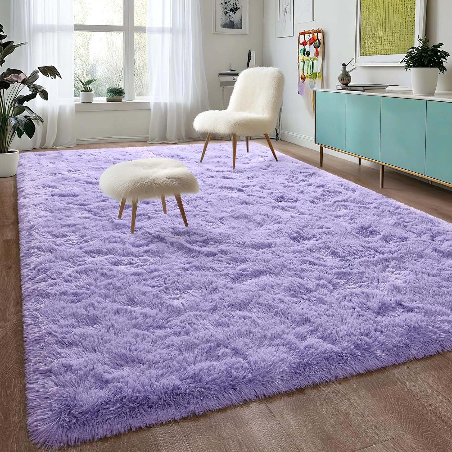 DweIke – Alfombras peludas supersuaves y mullidas de 5 x 8 pies, alfombra de área morada para sala de estar, dormitorio, habitación de niños,