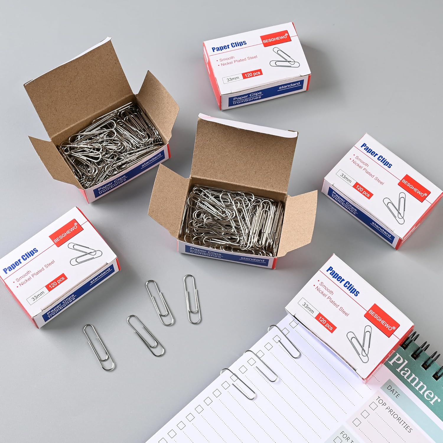 Clips de papel de 720 piezas, clips de papel de tamaño mediano, suministros de oficina, clips de papel lisos n. 1 tamaño estándar (6 cajas de 120