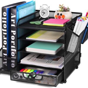 Organizador de escritorio con bandeja de archivos, cajón, soportes para bolígrafos, soporte para revistas para accesorios de oficina y papeles, Organizador de escritorio con bandeja de archivos, cajón, soportes para bolígrafos, soporte para revistas para accesorios de oficina y papeles,