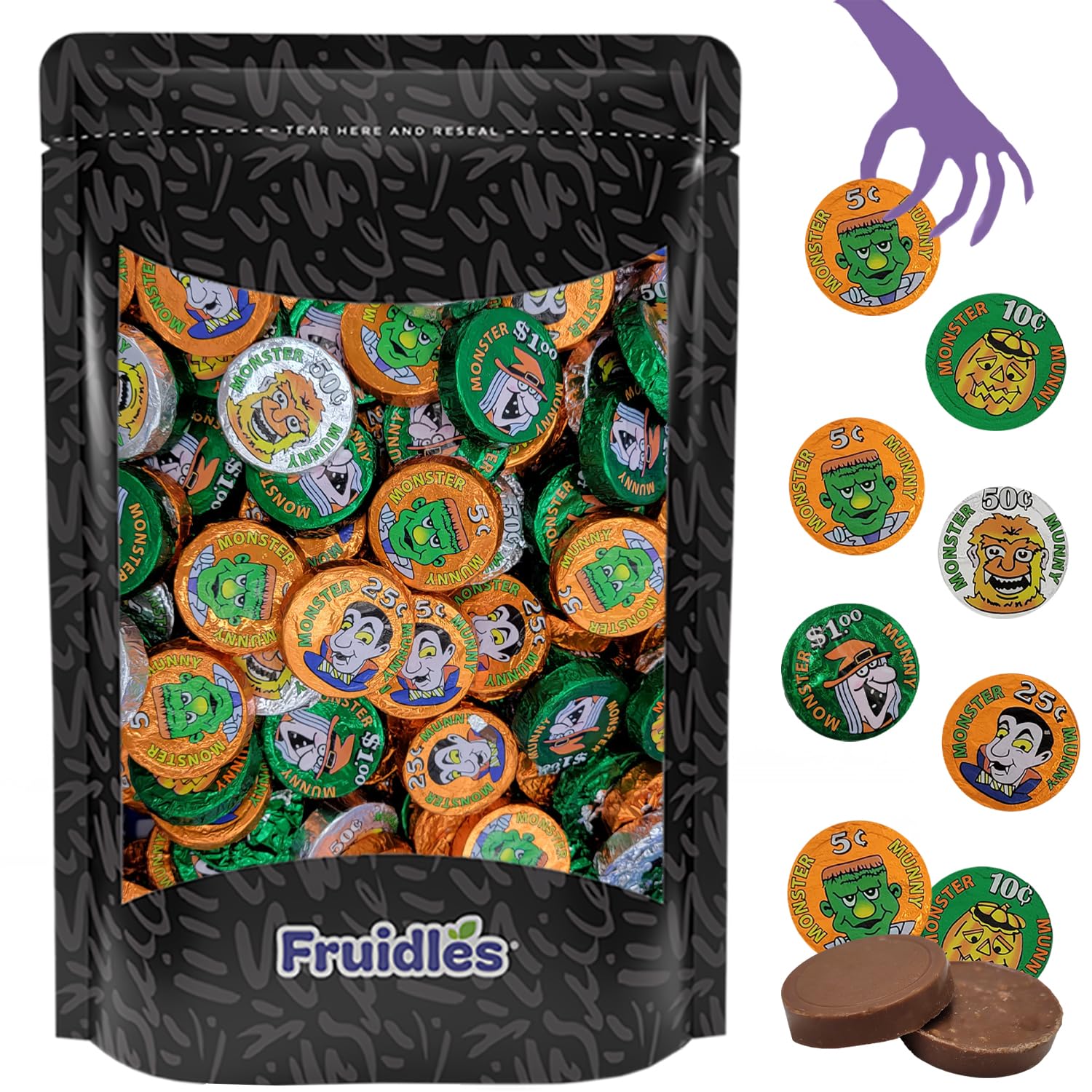 Fruidles Monedas de dinero de monstruo de Halloween, rellenos de bolsas de fiesta de dulce o truco, envueltas individualmente en hojas de diseño de