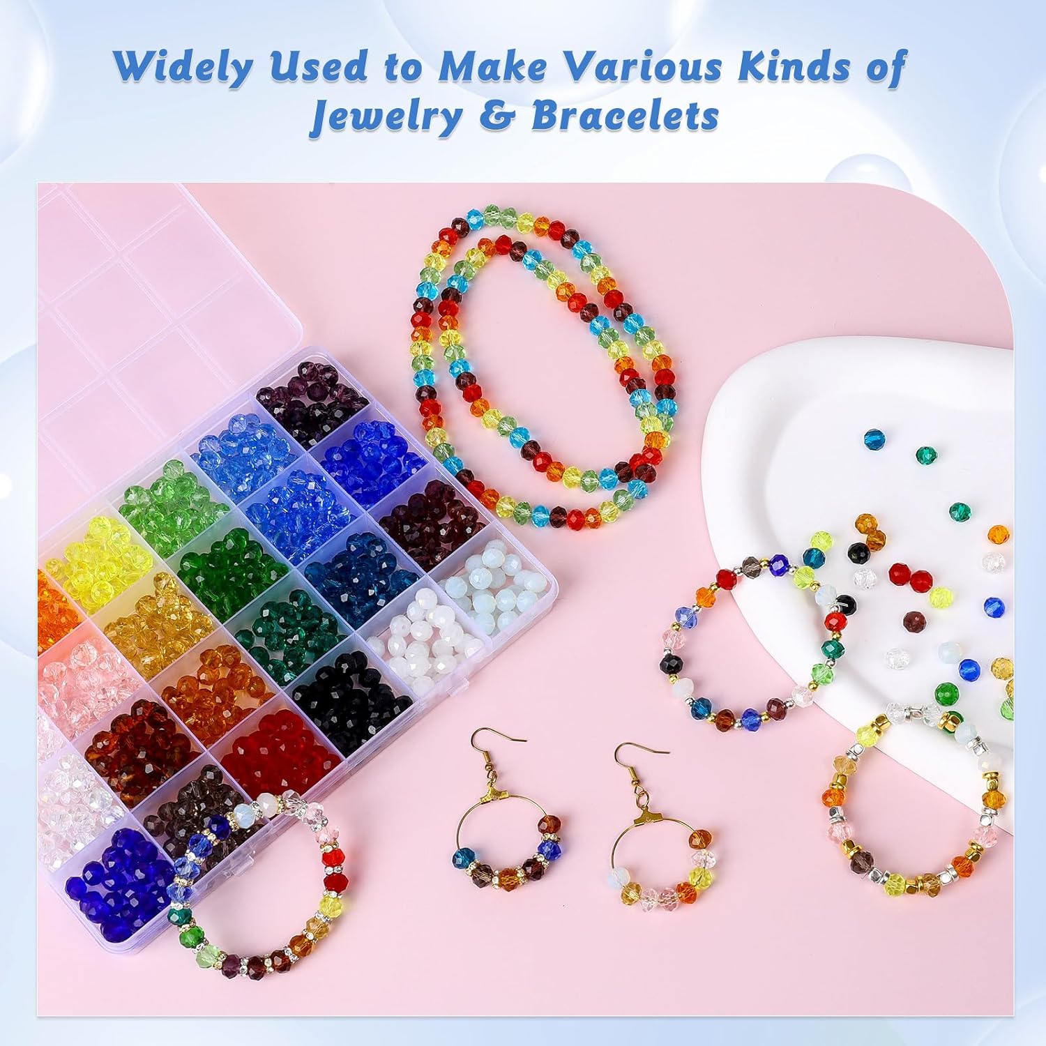 JADVY Kit de 1120 cuentas de cristal para hacer pulseras con cuentas espaciadoras, 0.315 in, 24 colores para hacer joyas, cuentas de vidrio y