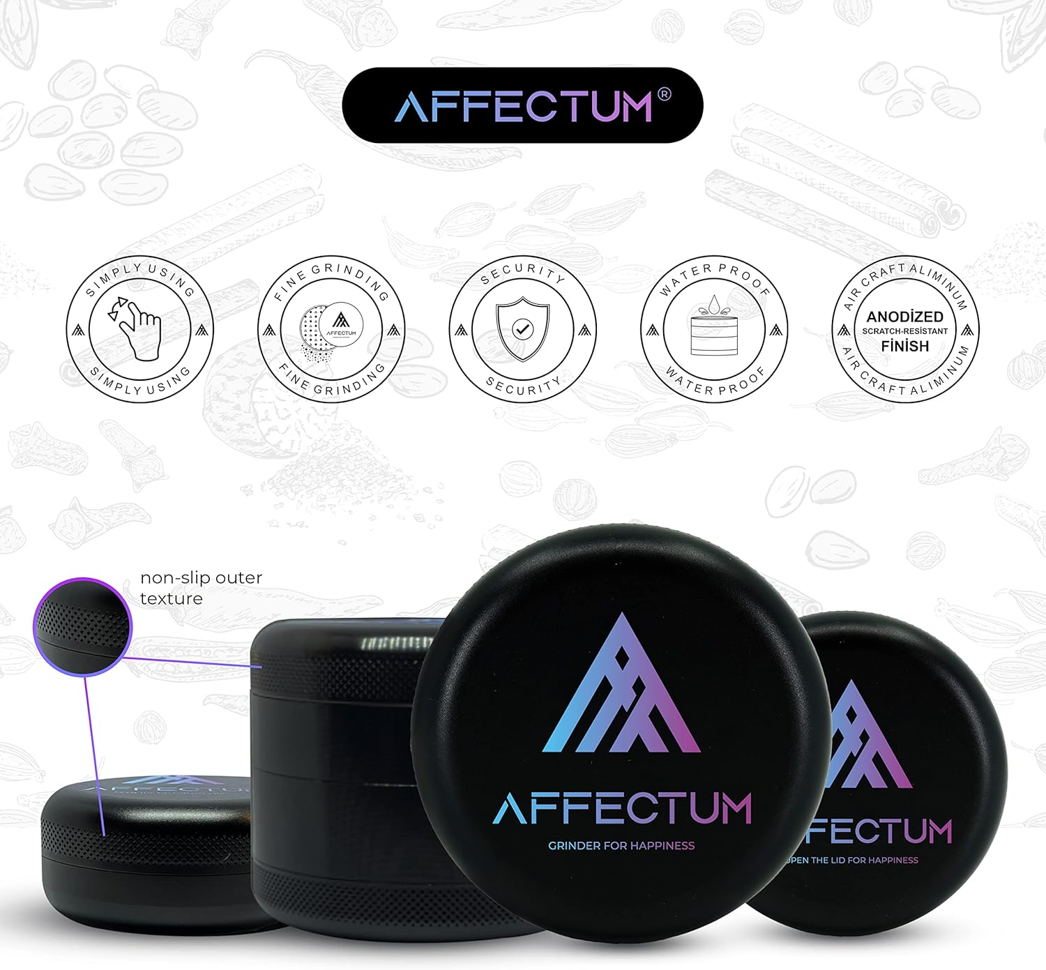 AFFECTUM Molinillo de especias 2.5 pulgadas – Molinillo de hierbas de material de aluminio (negro)