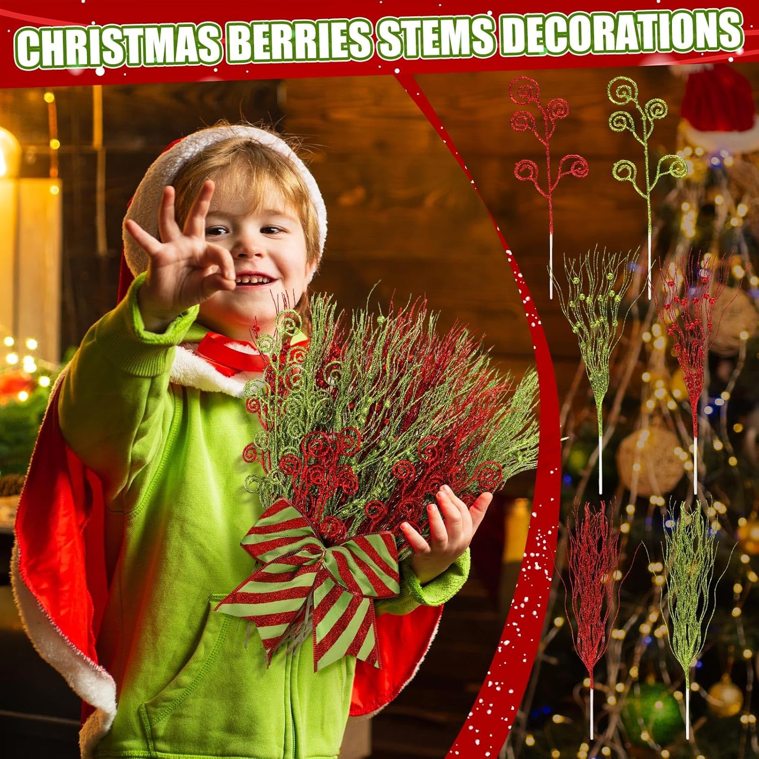 48 piezas de tallos de bayas rizadas de Navidad de 17 pulgadas y 12 pulgadas con purpurina artificial roja y verde de 17 pulgadas, ramas decorativas