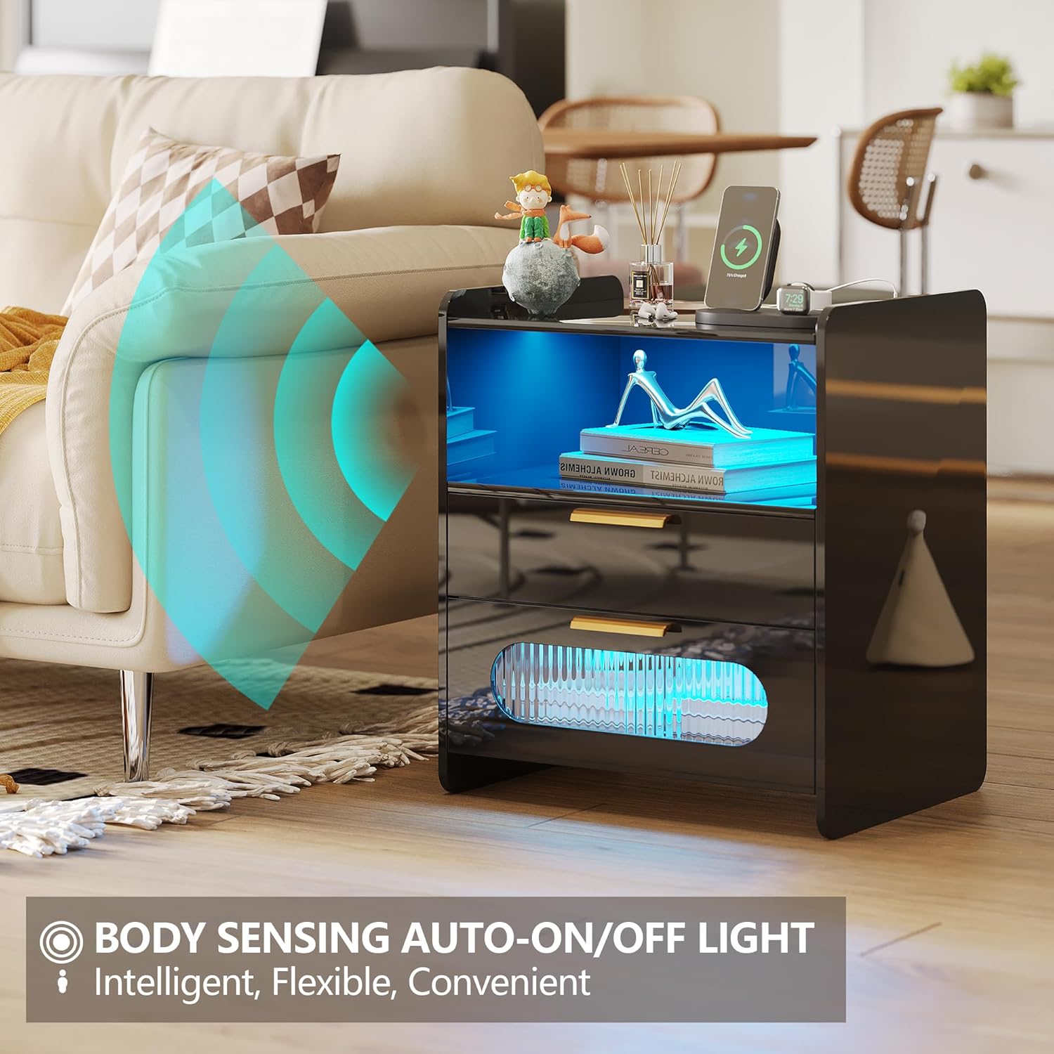 dnbss Mesita de noche RGB con estación de carga, moderna mesita de noche con cajones de almacenamiento de joyas, mesita de noche inteligente para