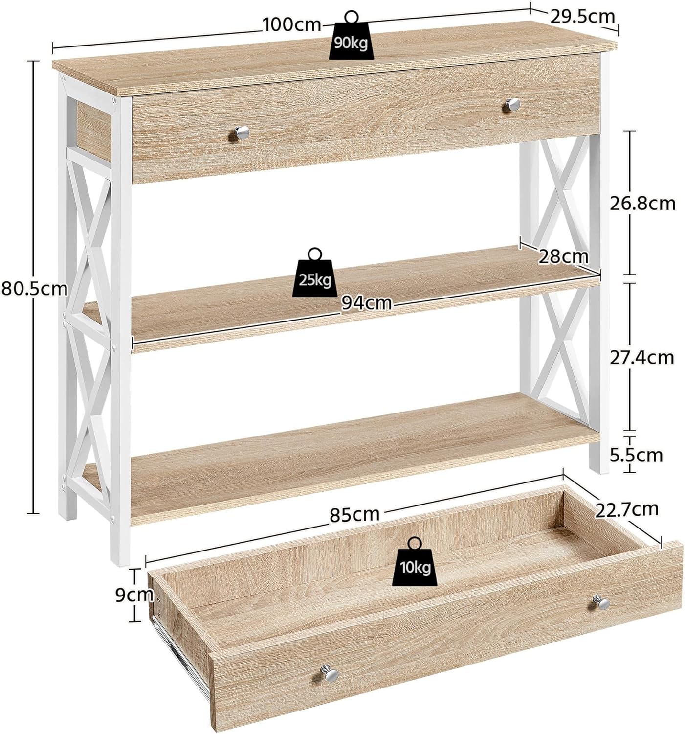 Yaheetech – Mesa recibidor retro de 3 niveles con cajón para la entrada, alta con almacenamiento para sala de estar, mesa de sofá con cajón largo y
