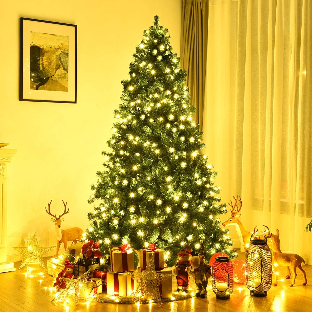 Goplus Árbol de Navidad artificial pre-iluminado, árbol de abeto con bisagras de alta calidad, con luces LED y soporte de metal, fácil de montar,