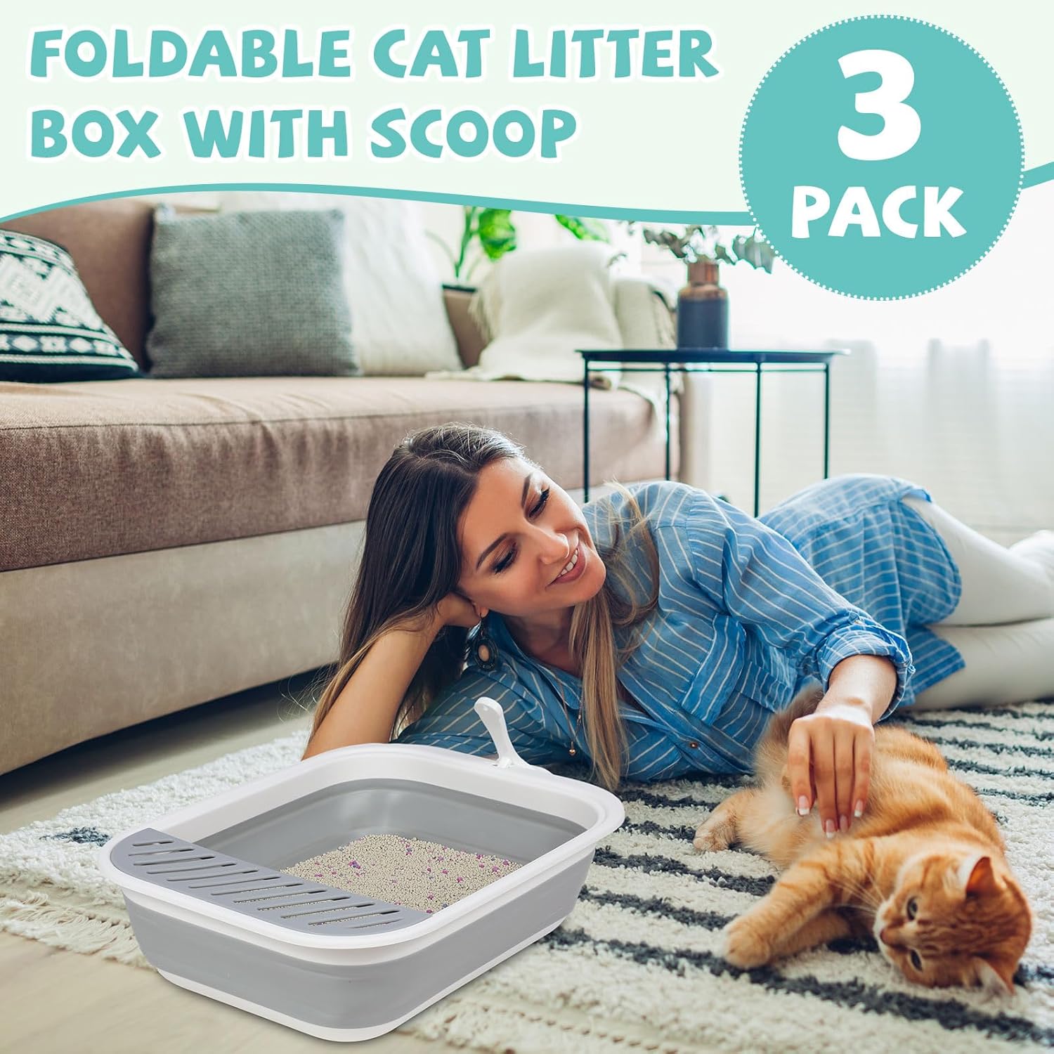 Mifoci 3 cajas de arena plegables para gatos de 17.7 x 13.4 pulgadas con cuchara, caja de arena pequeña plegable para gatos, bandeja